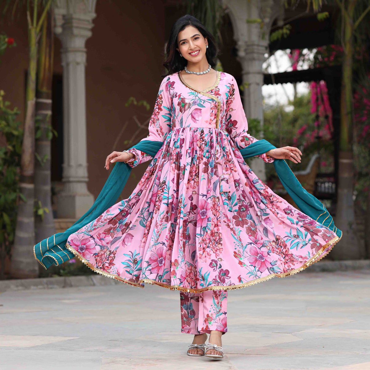 Powder Pink Floral Printed Georgette Anarkali Suit Set