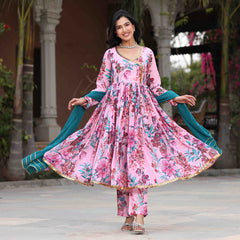 Powder Pink Floral Printed Georgette Anarkali Suit Set