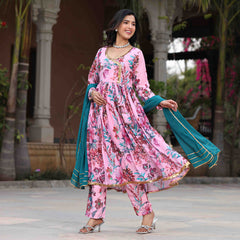 Powder Pink Floral Printed Georgette Anarkali Suit Set