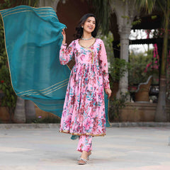 Powder Pink Floral Printed Georgette Anarkali Suit Set