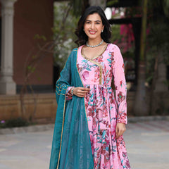 Powder Pink Floral Printed Georgette Anarkali Suit Set