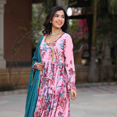 Powder Pink Floral Printed Georgette Anarkali Suit Set