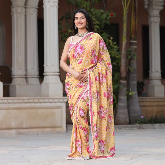 Asheera Yellow Floral Lace Work Pre Stitched 1 min Saree