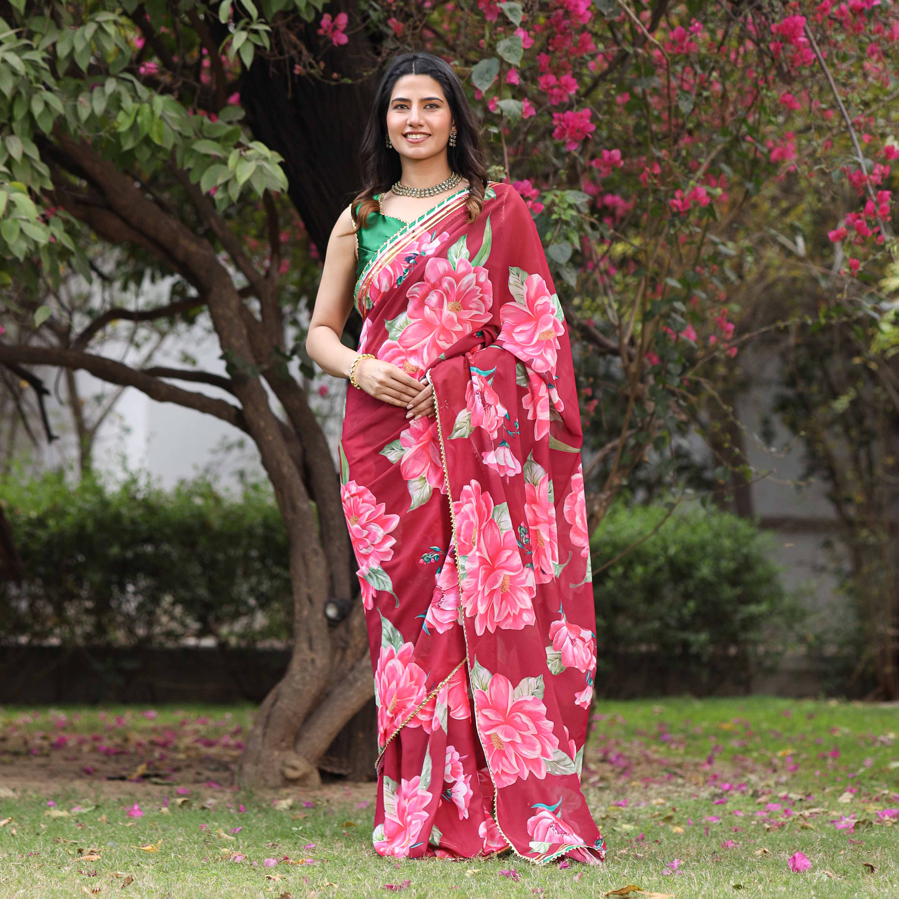 Asheera Red Floral Gota Work Pre Stitched SareeSaree