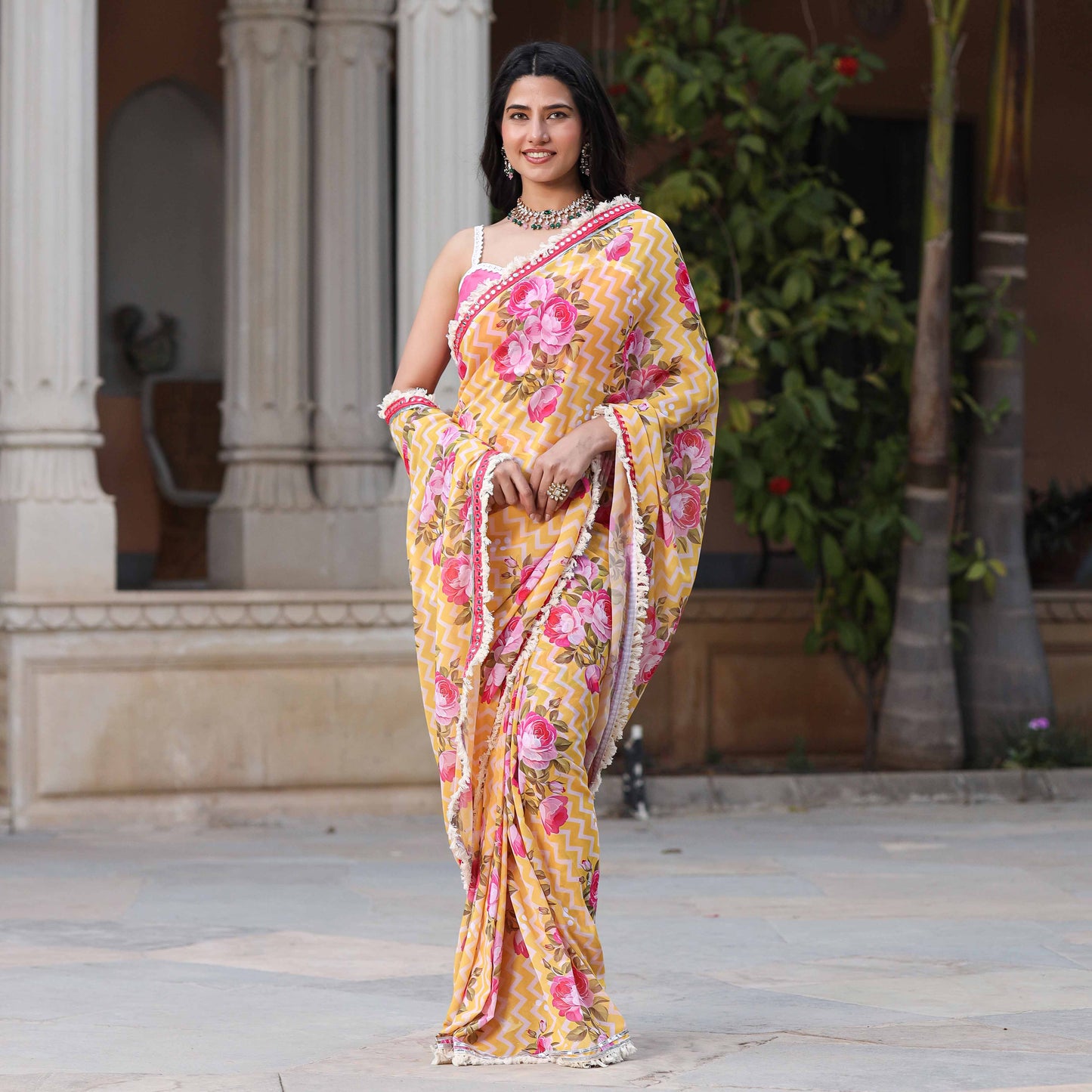 Asheera Yellow Floral Lace Work Pre Stitched 1 min Saree