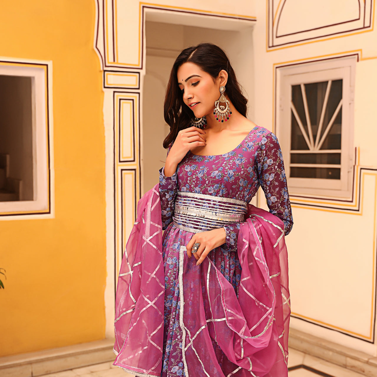 Evara Floral Printed Lilac Anarkali Gown Suit Set