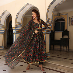 Nisha Floral Printed Black Chanderi Anarkali Suit Set