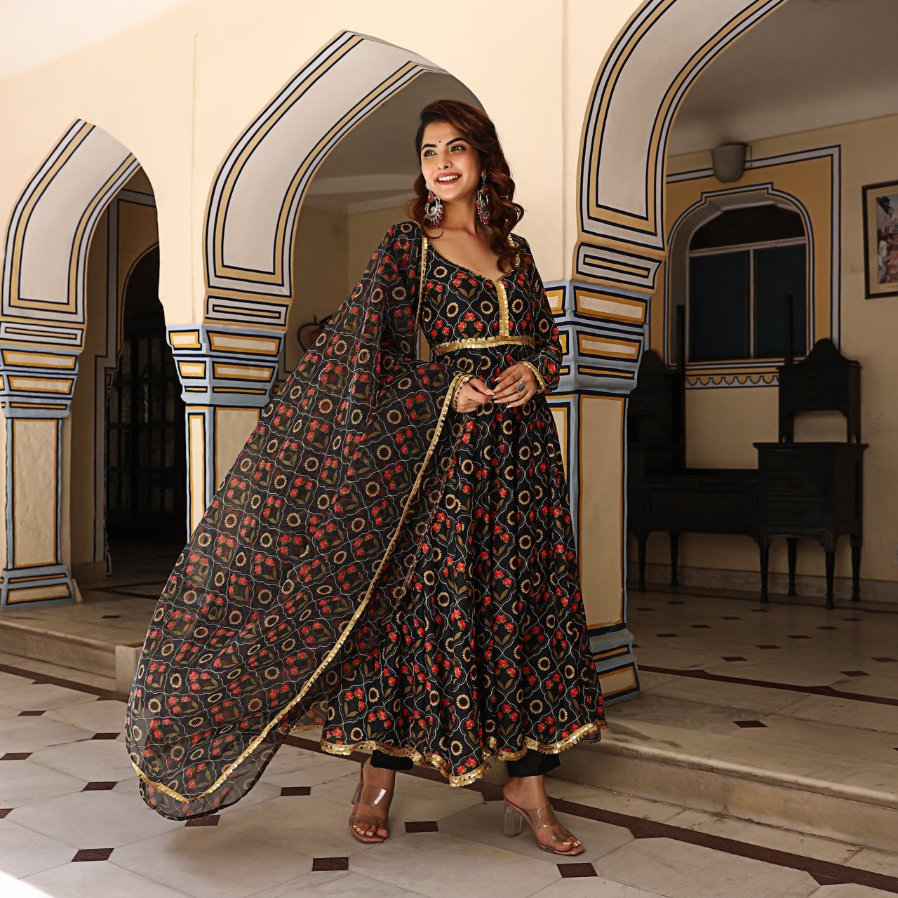 Nisha Floral Printed Black Chanderi Anarkali Suit Set