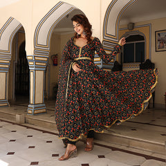 Nisha Floral Printed Black Chanderi Anarkali Suit Set