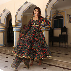 Nisha Floral Printed Black Chanderi Anarkali Suit Set