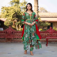 Green Printed Georgette Anarkali Suit Set