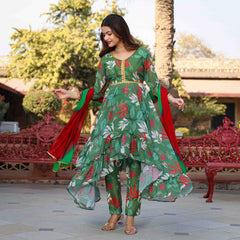 Green Printed Georgette Anarkali Suit Set