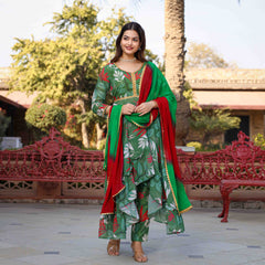 Green Printed Georgette Anarkali Suit Set