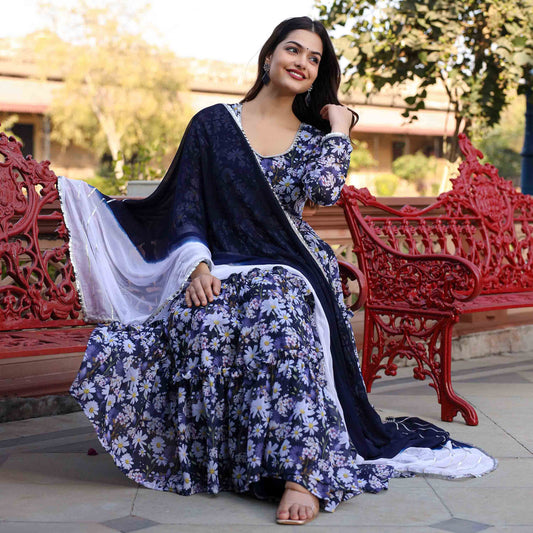 Noor Blue Floral Printed Georgette Anarkali Suit Set