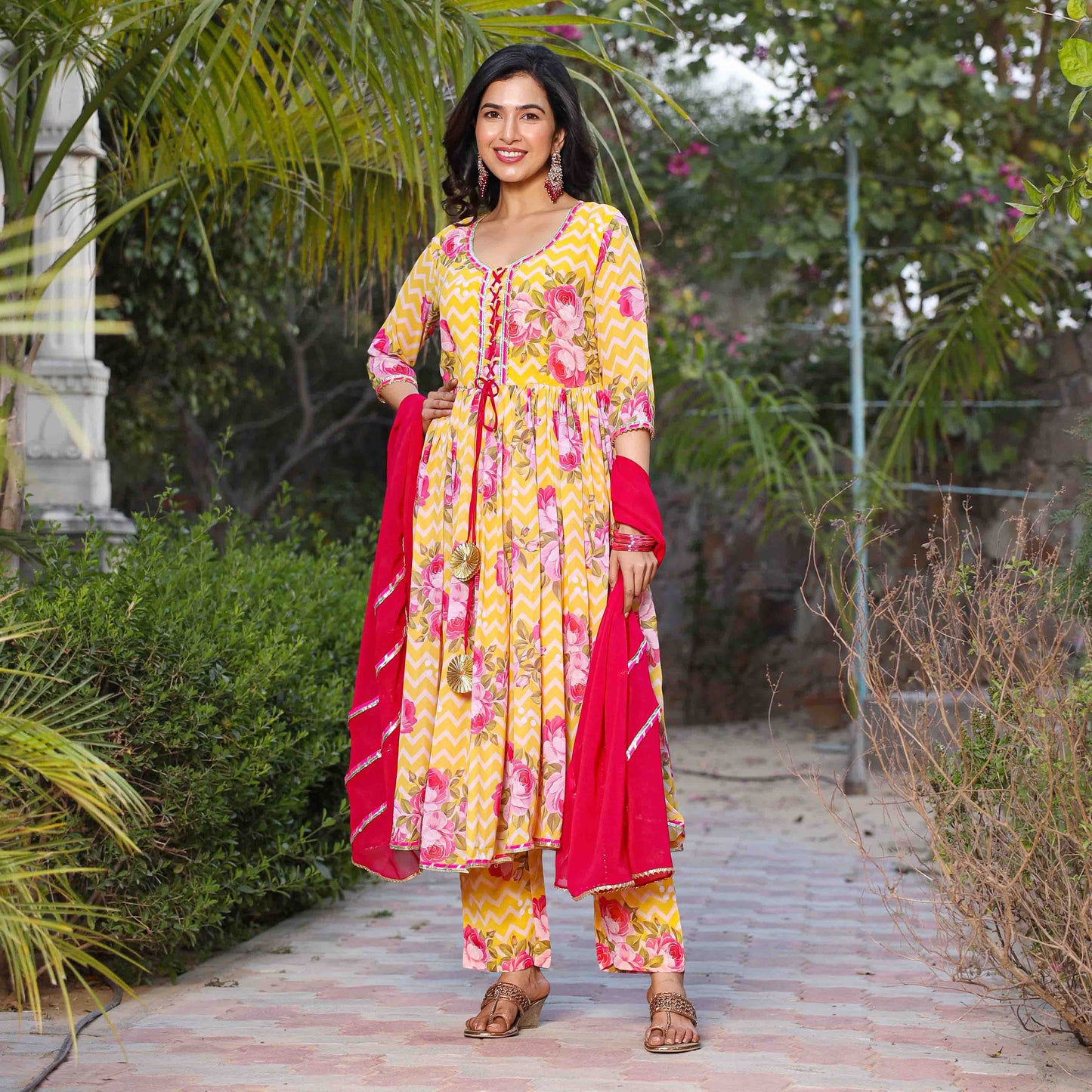 Gulaab Yellow Floral Printed Georgette Anarkali Suit Set