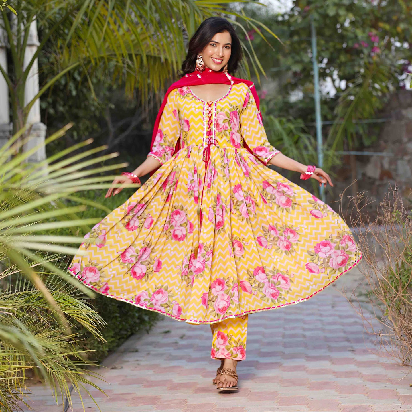 Gulaab Yellow Floral Printed Georgette Anarkali Suit Set