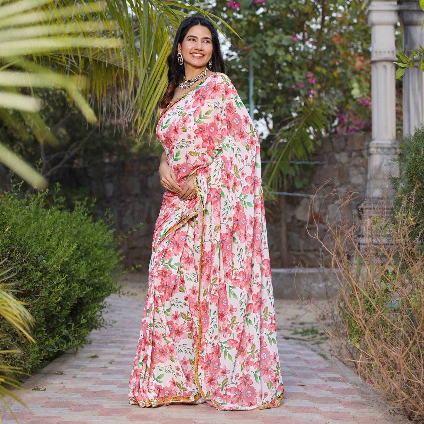 Damayanti Floral Lace Work Pre Stitched 1 min Saree
