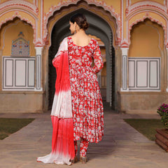 Aarvi Red Floral Printed Georgette Anarkali Suit Set