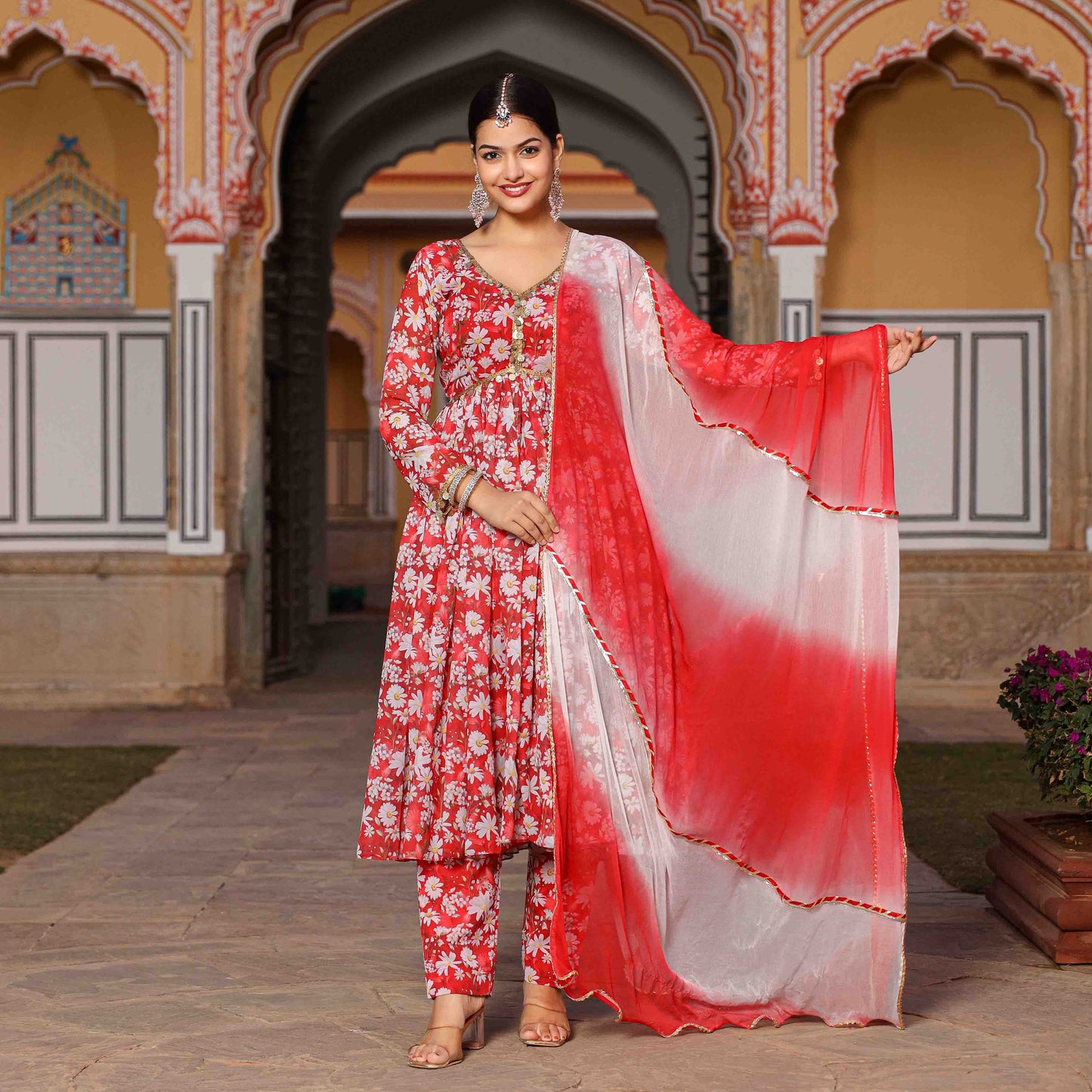 Aarvi Red Floral Printed Georgette Anarkali Suit Set