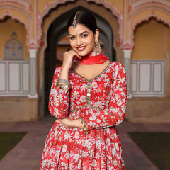 Aarvi Red Floral Printed Georgette Anarkali Suit Set