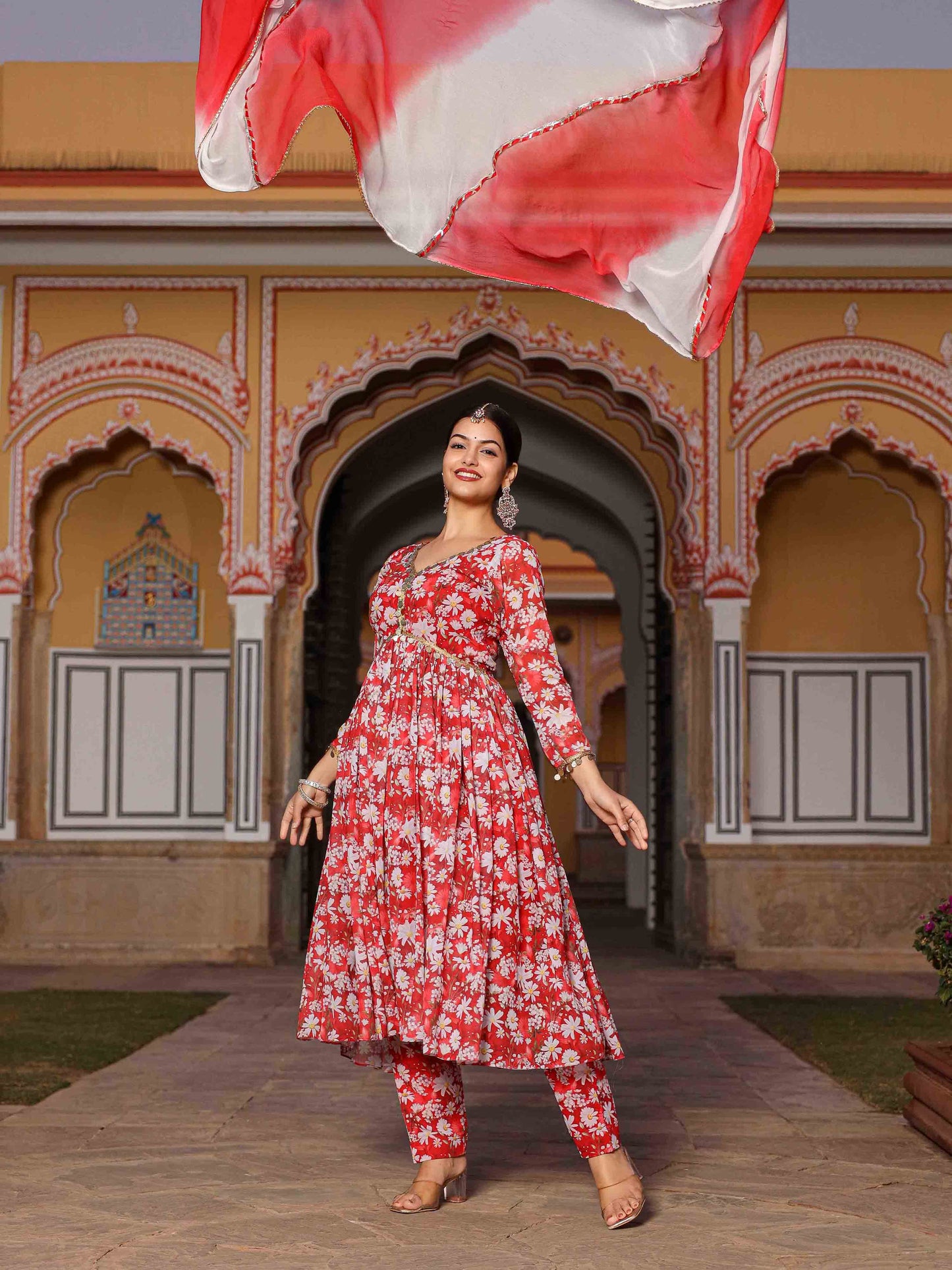 Aarvi Red Floral Printed Georgette Anarkali Suit Set