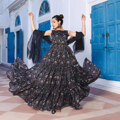 Raha Black Chanderi Anarkali Gown Suit Set