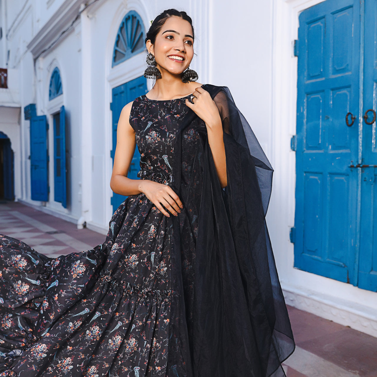 Raha Black Chanderi Anarkali Gown Suit Set