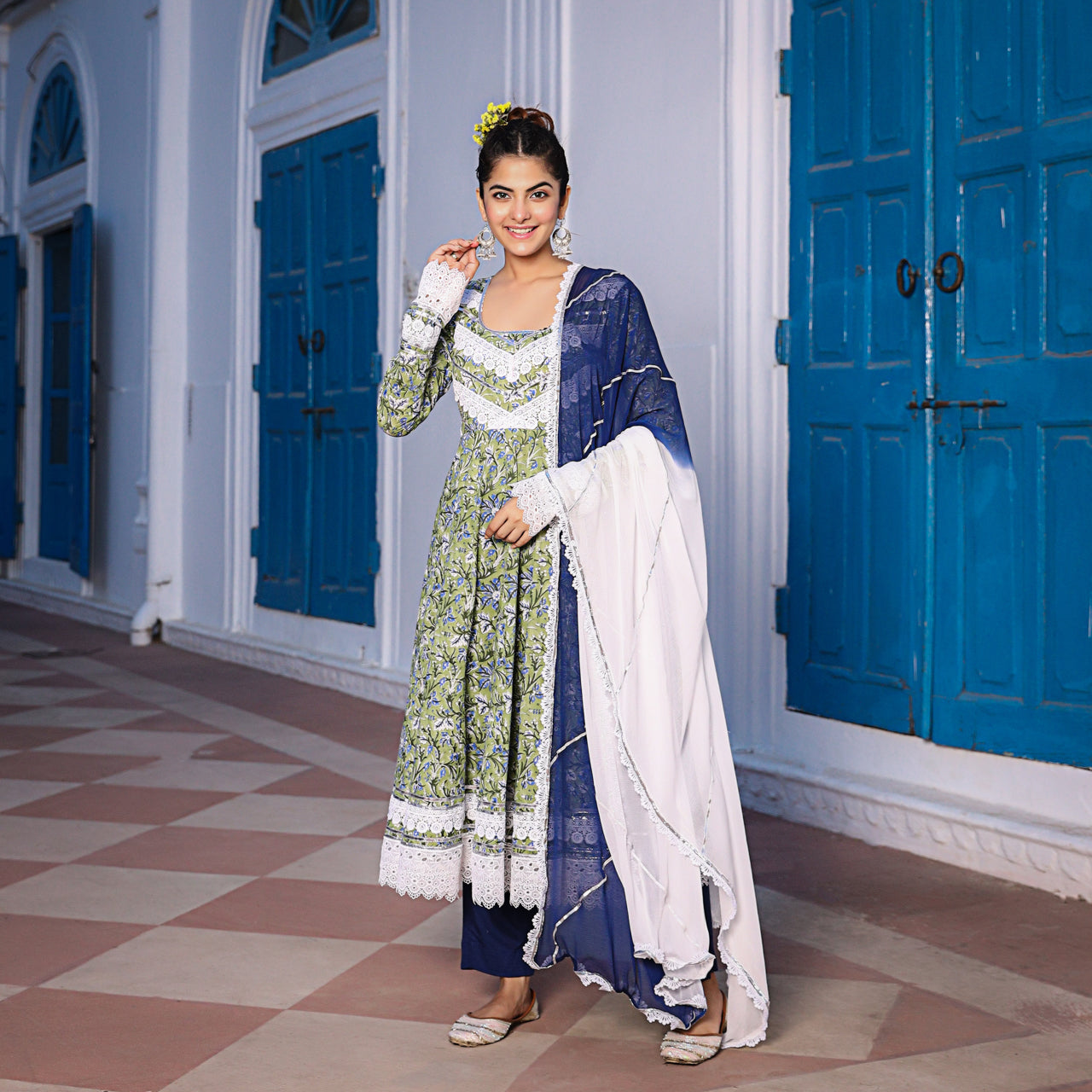 Dua Handblock pure cotton Anarkali Suit Set