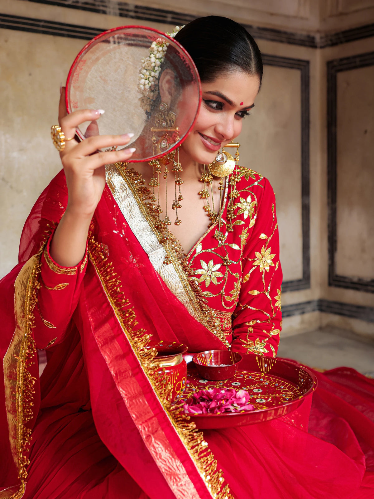 Red Gota Hand Embroidered Anarkali Suit Set with Dupatta