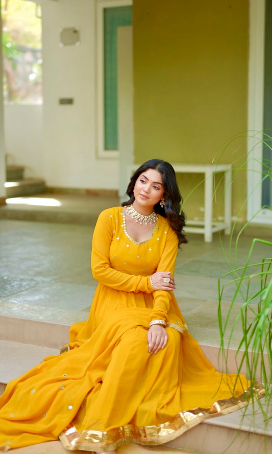Asheera Yellow Mirror Work Anarkali Suit Set