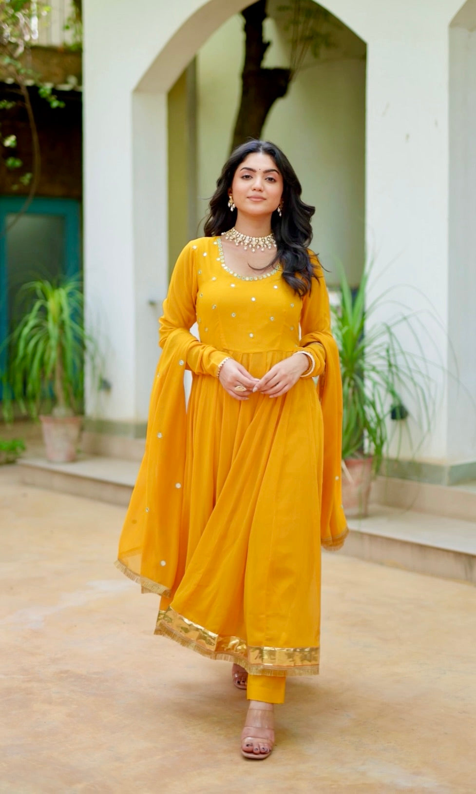 Asheera Yellow Mirror Work Anarkali Suit Set