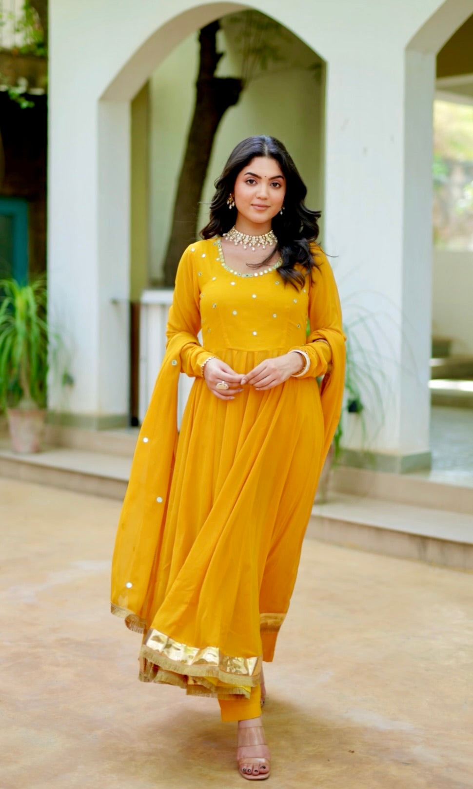 Asheera Yellow Mirror Work Anarkali Suit Set