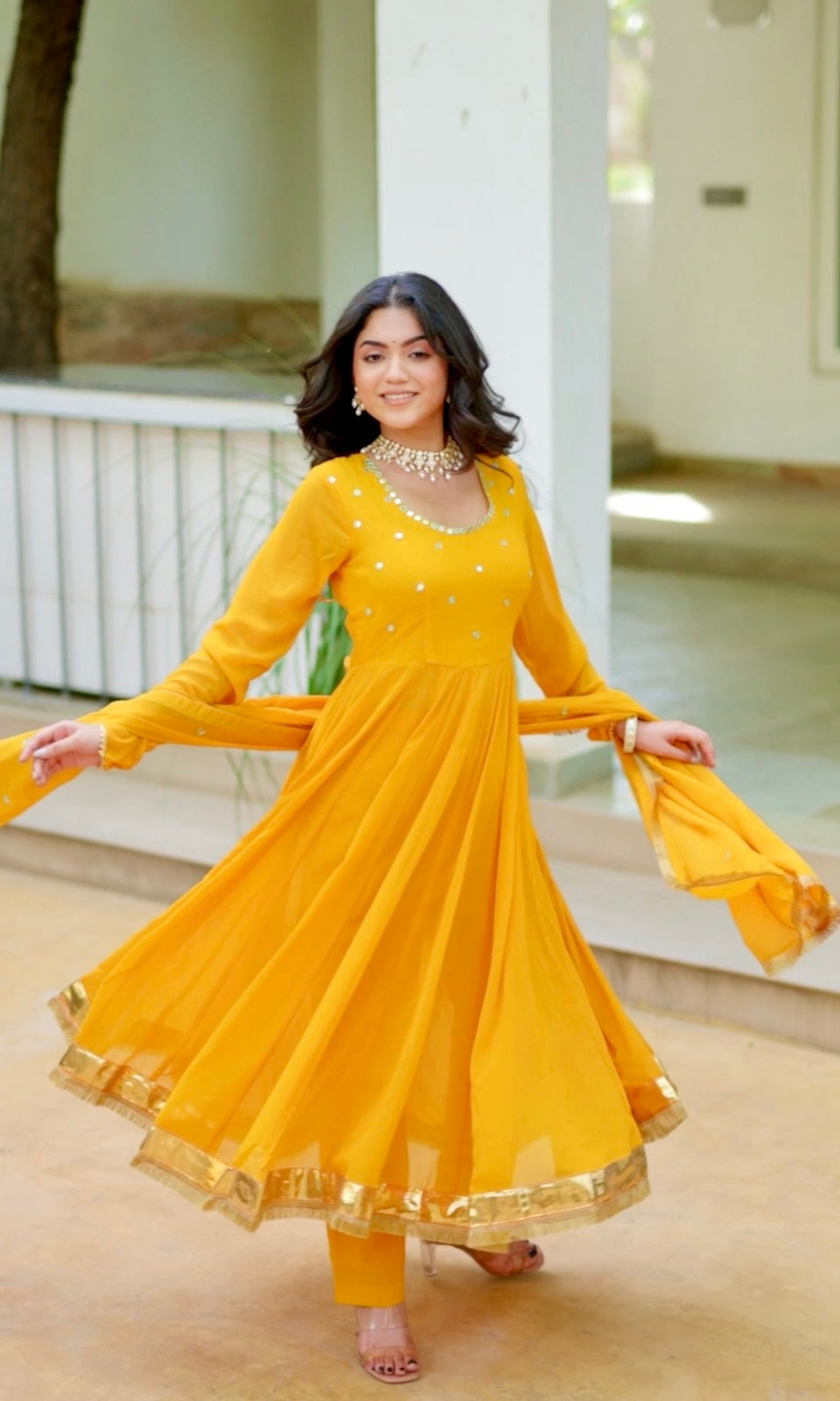 Asheera Yellow Mirror Work Anarkali Suit Set