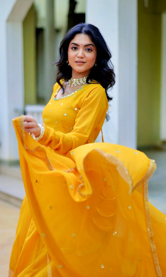 Asheera Yellow Mirror Work Anarkali Suit Set