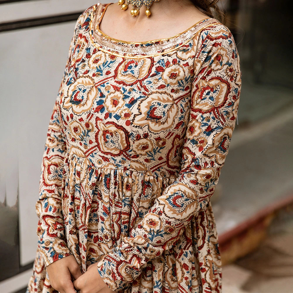 kalamkari anarkali dress designs Oakre Yellow Kalamkari Floral Anarkali Set Aamra by Lavanya