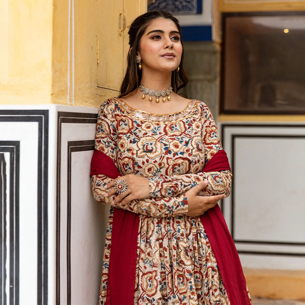 kalamkari anarkali dress designs Black Kalamkari Print Cotton Anarkali Dress With Dupatta