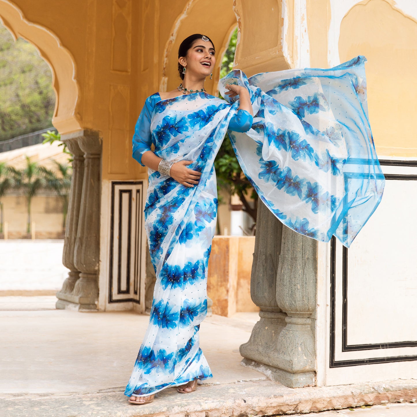 Aryaa Blue Floral Silk Hand Embroidery Saree with Blouse