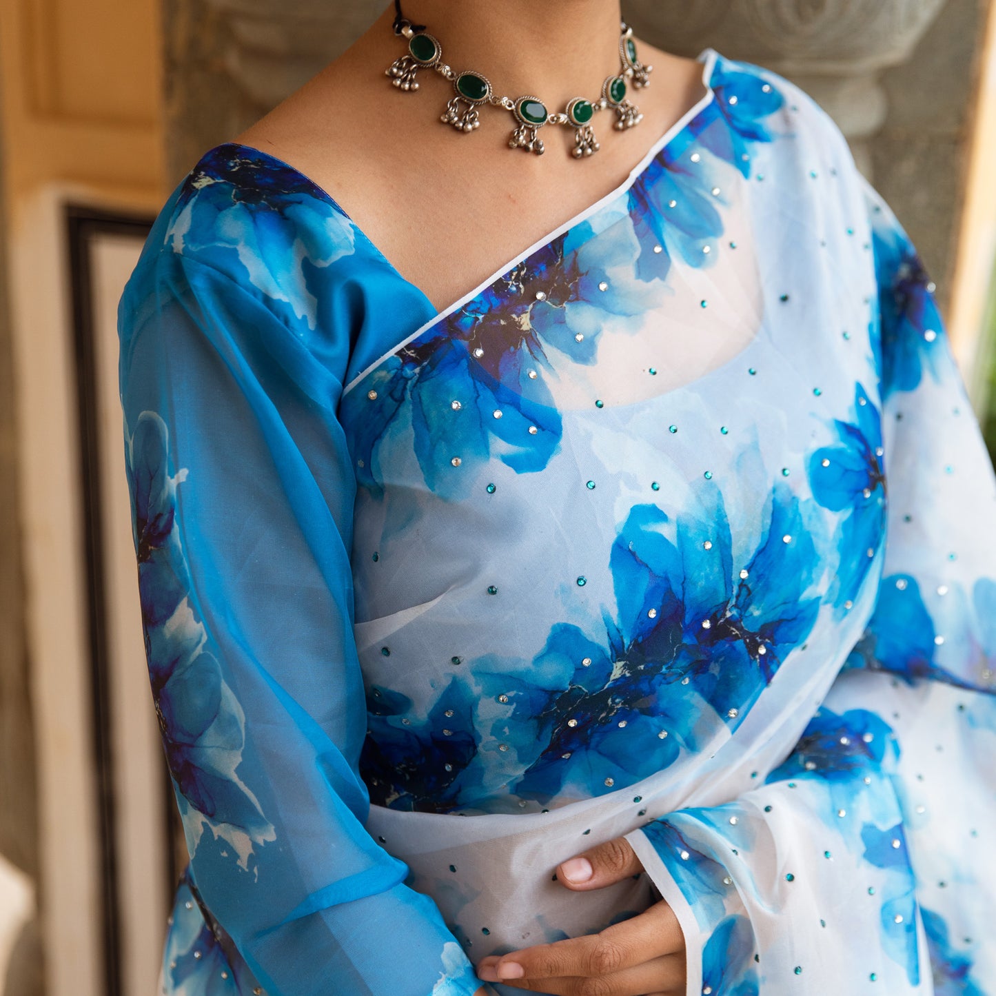 Aryaa Blue Floral Silk Hand Embroidery Saree with Blouse