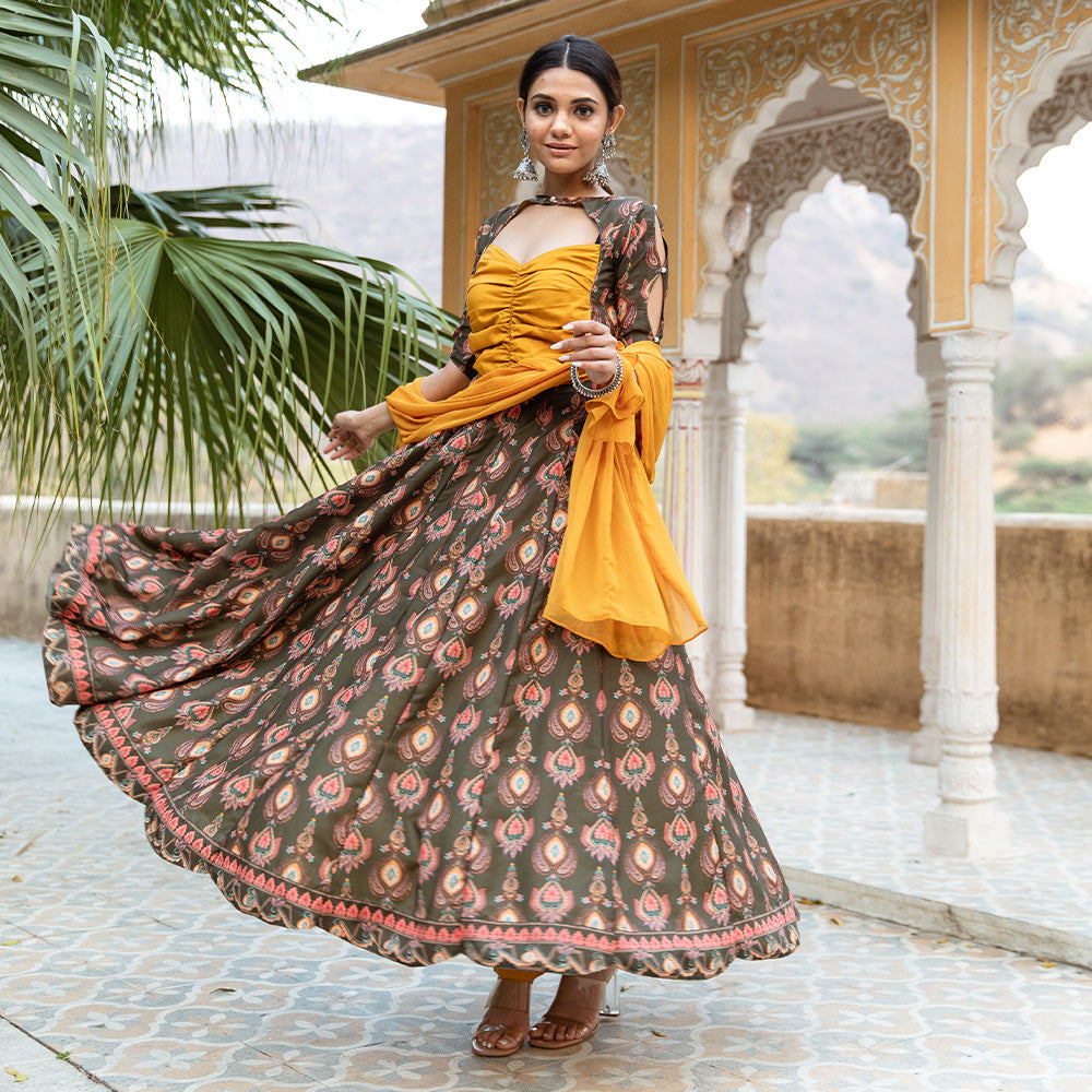 Mohini Maslin Printed Green Anarkali Suit Set