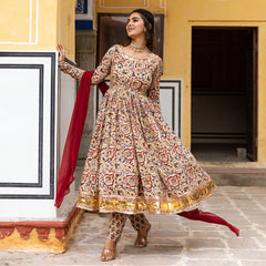 Kalamkari Hand Block Pure Cotton Gota Work Anarkali Suit Set