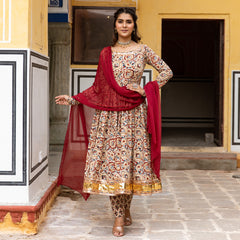 Kalamkari Hand Block Pure Cotton Gota Work Anarkali Suit Set