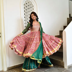 Women Red Cotton Hand Block Gotta Patti Anarkali Suit Set