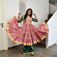 Women Red Cotton Hand Block Gotta Patti Anarkali Suit Set