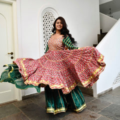 Women Red Cotton Hand Block Gotta Patti Anarkali Suit Set