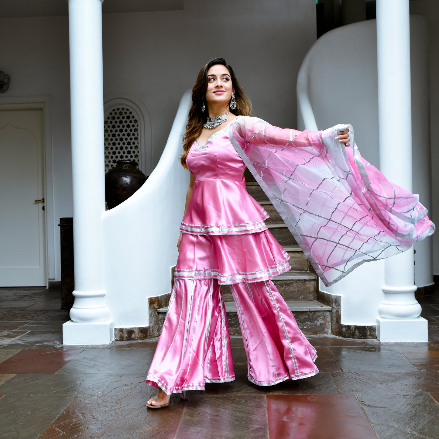 Jhilmil Pink Gotta Patti Satin Sharara Suit Set